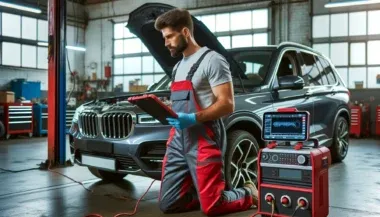 Ein Automechaniker fuehrt eine Diagnose an einem modernen Auto mit einem tragbaren Diagnosegeraetdurch in der Werkstatt